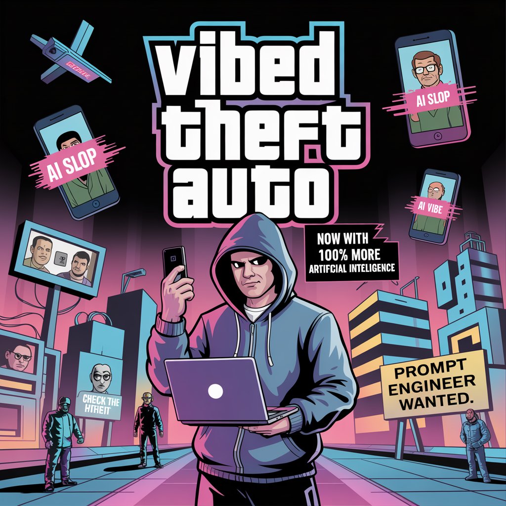 Vibed Theft Auto cover art — a hooded figure with a laptop in a neon Miami street.